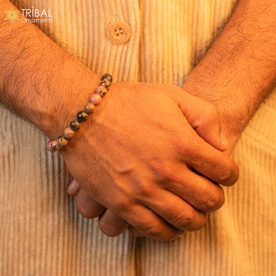 8 MM rhodonite natural stone beaded handmade bracelet, customized unisex Jewelry, stnbr132 - TRIBAL ORNAMENTS