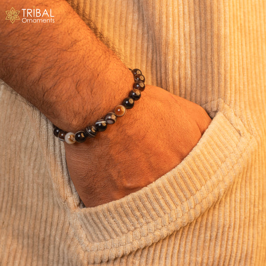 8 MM tiger eye natural stone beaded handmade bracelet, customized unisex Jewelry, stnbr140 - TRIBAL ORNAMENTS