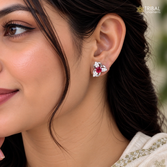925 sterling silver flower design cz stone stud earring jewelry er369