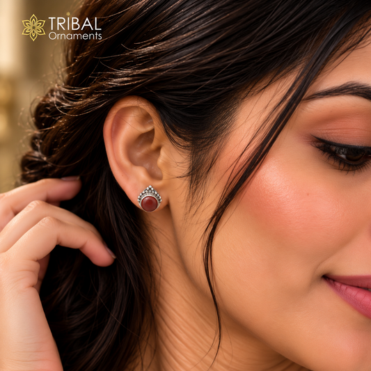 Sterling silver round brown stone stud earring by TRIBAL ORNAMENTS, unisex jewelry with a polished finish and classic design.