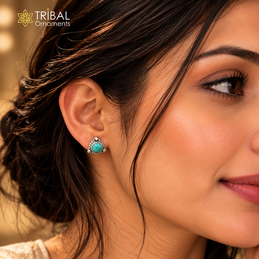 925 sterling silver turquoise stone round stud earring from TRIBAL ORNAMENTS, unisex jewelry with vibrant blue-green gemstone.