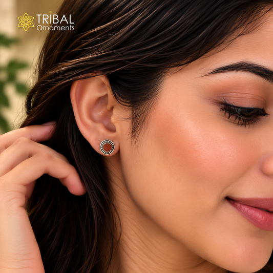 925 sterling silver stud earring with brown stone from TRIBAL ORNAMENTS, showcasing a polished jewelry design.