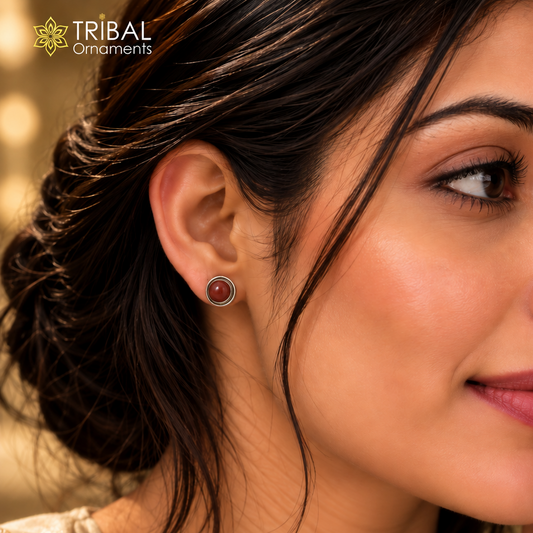 925 silver round brown stone stud earring with unisex design, featuring a polished finish and minimalist style from TRIBAL ORNAMENTS.
