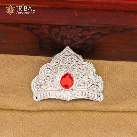 Pure 925 sterling silver vintage antique design mukut (crown), amazing handmade enamel design silver god crown home temple god hat su01031