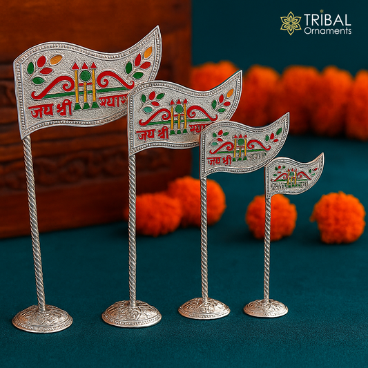 925 sterling silver handmade lork Khatu Shyam Dhwaja or flag, silver "jai shree shyam" flag best way for gifting to idols or kriahna su1018