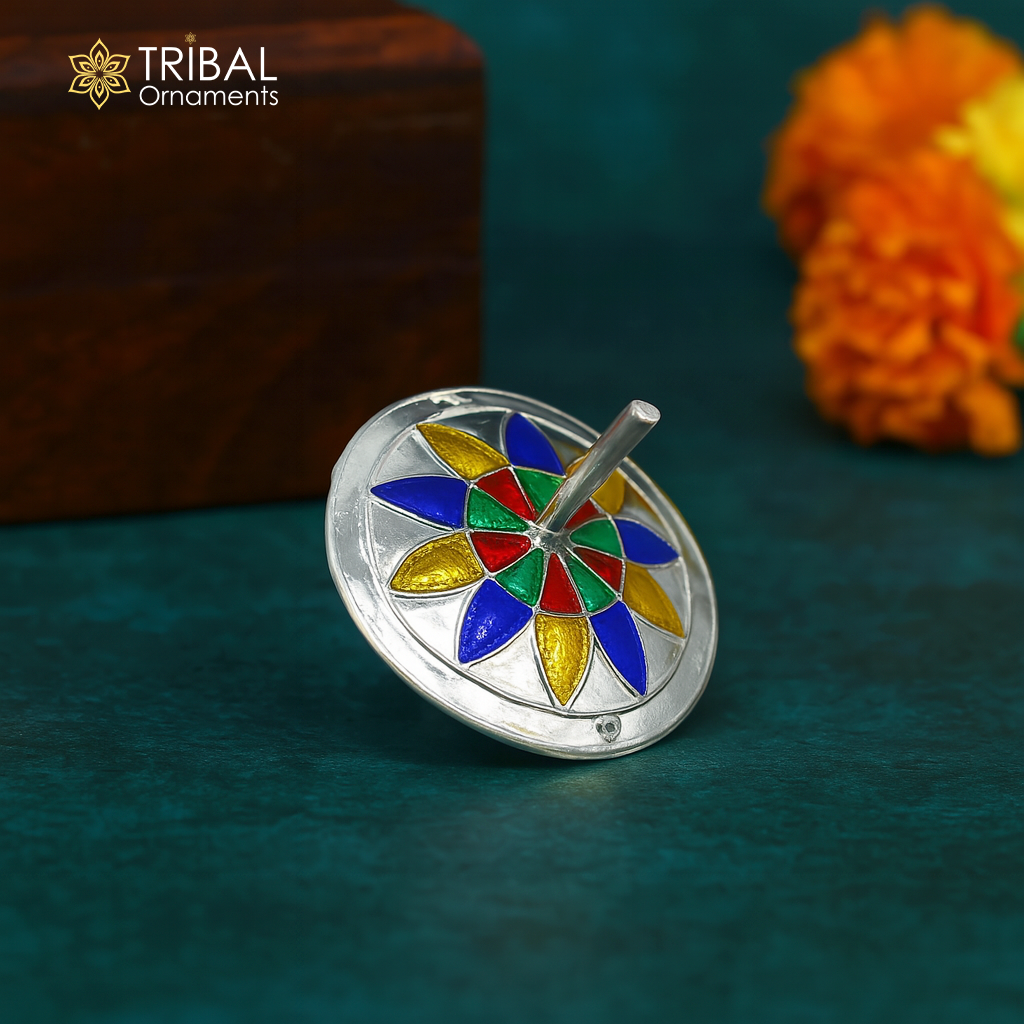 925 sterling silver handmade enamel work Firki or Lattu toy , best silver toy for your  baby Krishna idols, best silver article india su1153