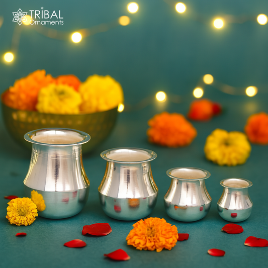 Pure 925 sterling silver handmade plain small Kalash or pot, unique special silver puja article, water or milk kalash pot india su1236