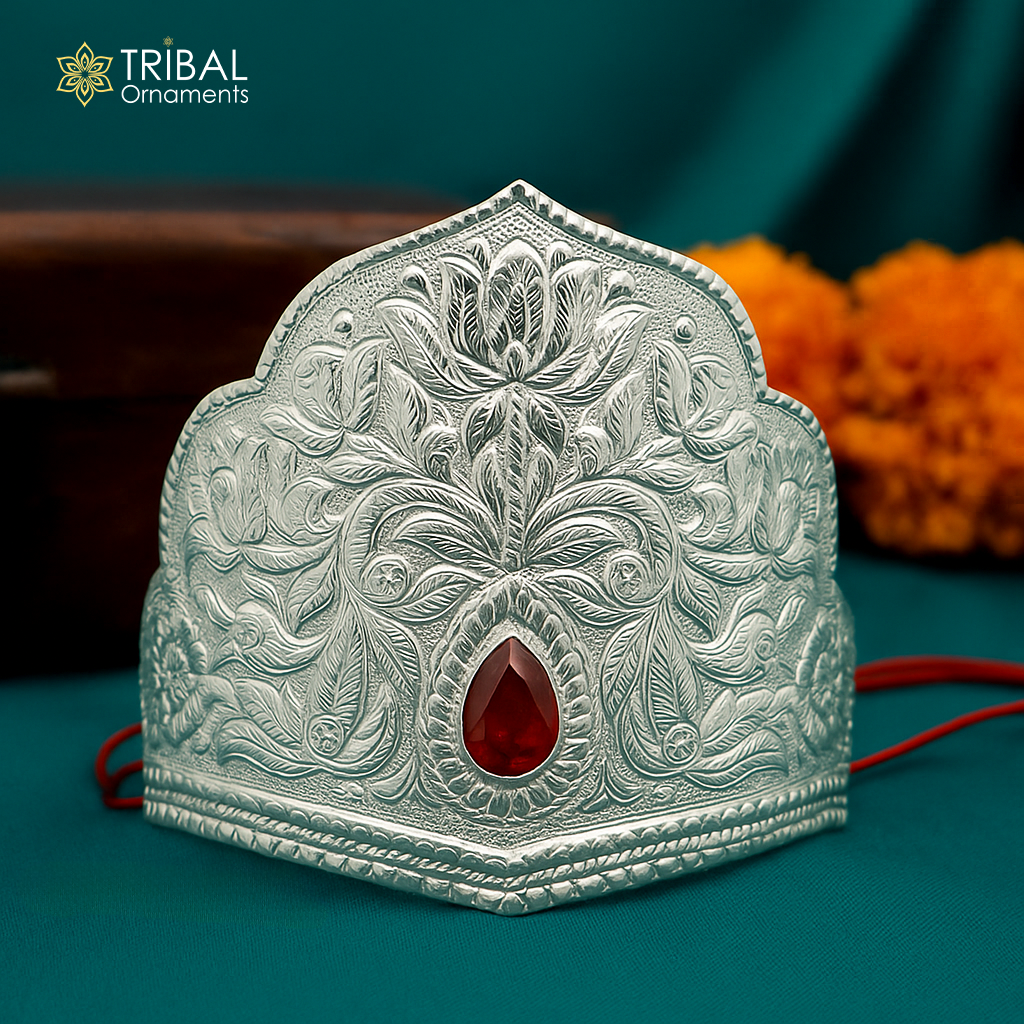 925 sterling silver vintage antique design mukut (crown), amazing handmade enamel design silver god crown home temple god hat su1269