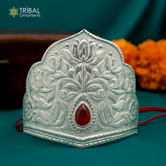 925 sterling silver vintage antique design mukut (crown), amazing handmade enamel design silver god crown home temple god hat su1269