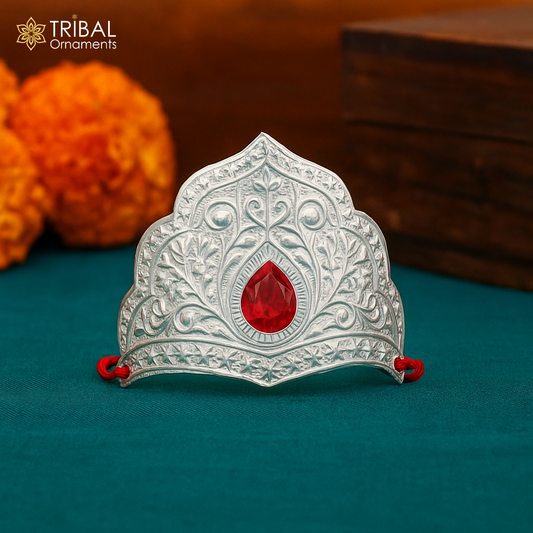 925 sterling silver vintage antique design mukut (crown), amazing handmade enamel design silver god crown home temple god hat su1270