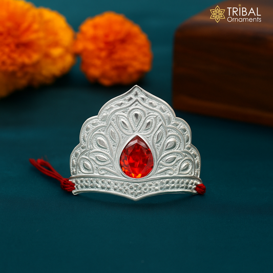 925 sterling silver vintage antique design mukut (crown), amazing handmade enamel design silver god crown home temple god hat su1271