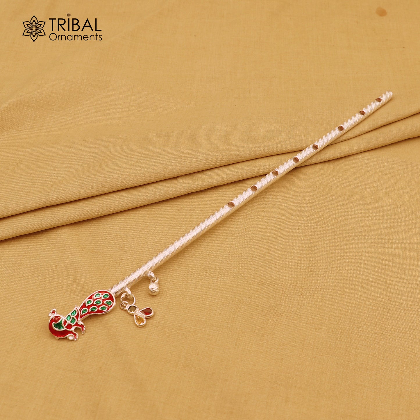 10.6"  925 sterling silver peacock design bansuri laddu Gopala flute, Krishna flute su1370