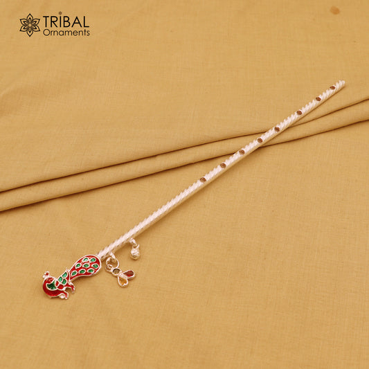 10.6"  925 sterling silver peacock design bansuri laddu Gopala flute, Krishna flute su1370