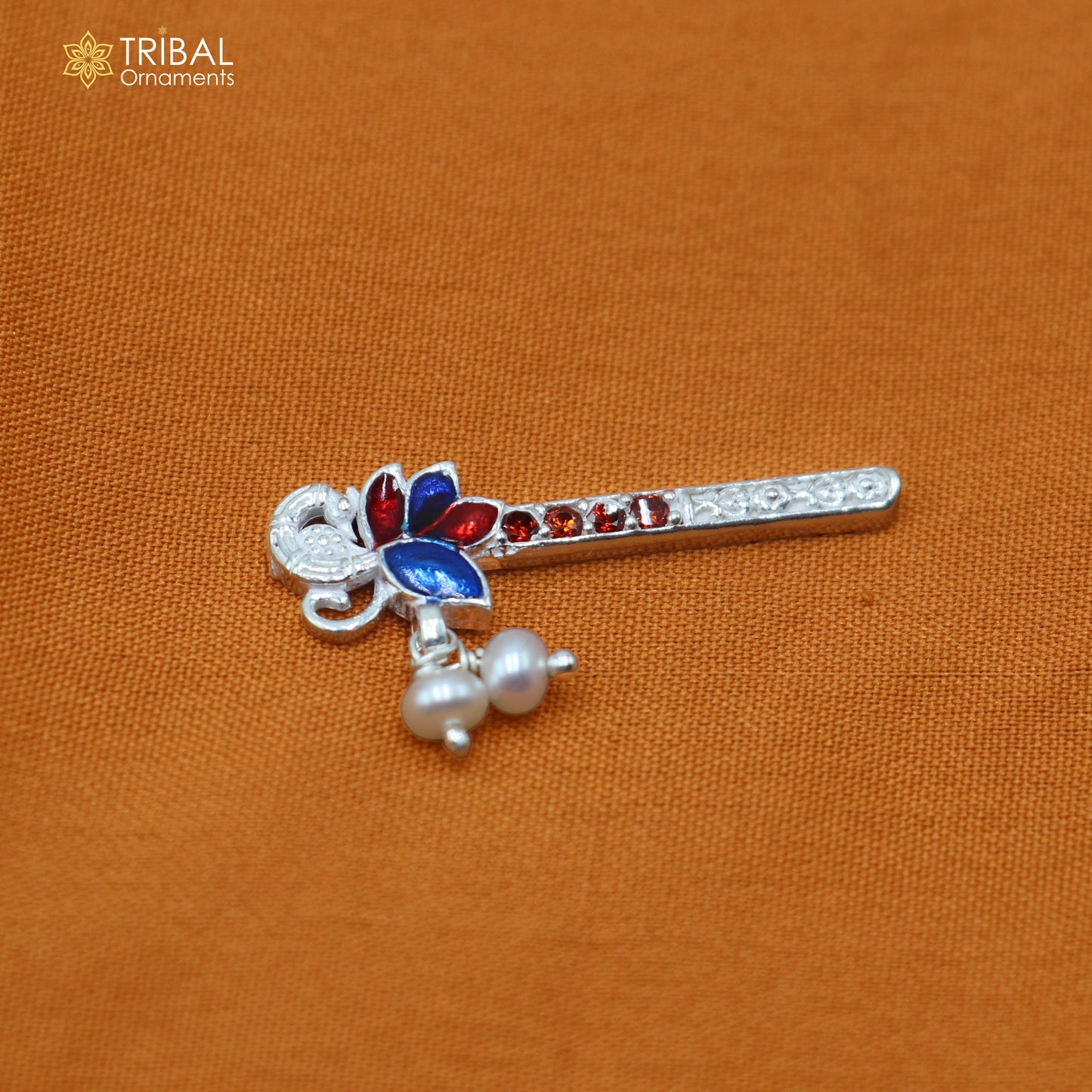 925 sterling silver stone design bansuri laddu Gopala flute, Krishna flute su1436