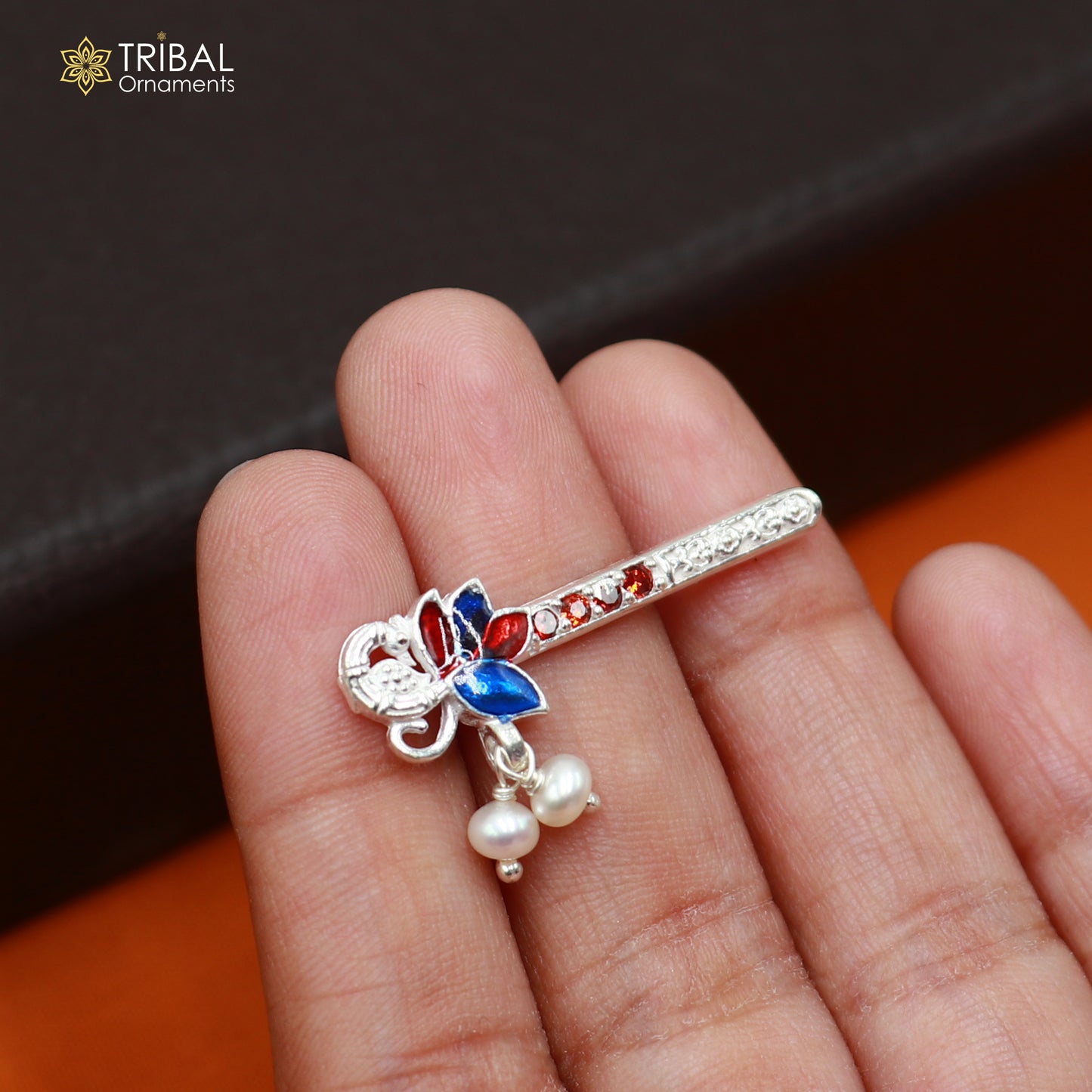 925 sterling silver stone design bansuri laddu Gopala flute, Krishna flute su1436
