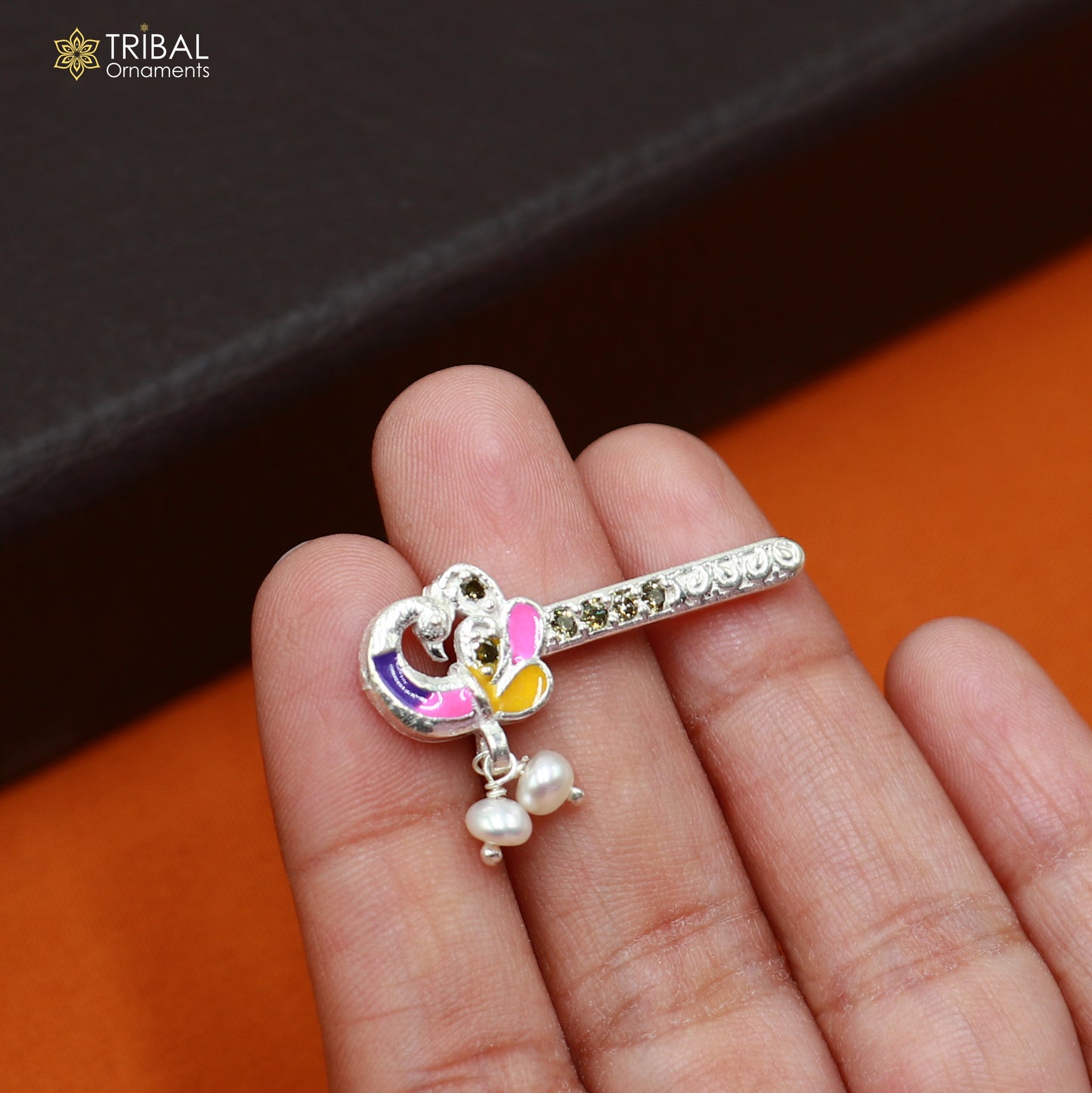 925 sterling silver stone design bansuri laddu Gopala flute, Krishna flute su1441