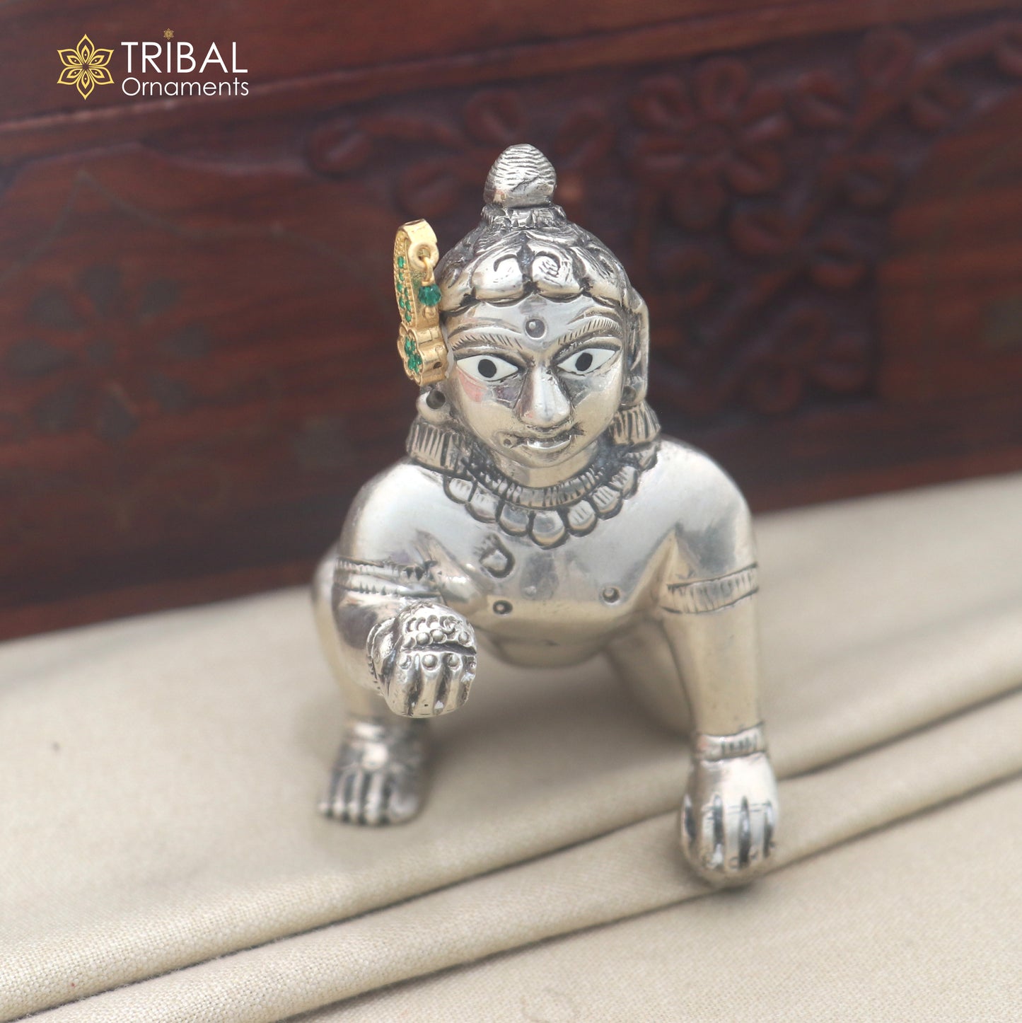 925 sterling silver green stone laddu Gopala sishful traditional Krishna jewelry su1450