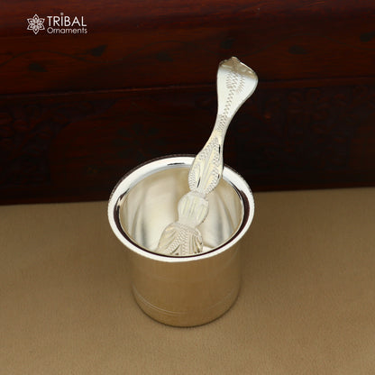 Solid sterling silver ghee pot with handle, traditional butter pot for kitchen use, part of silver puja utensils collection.