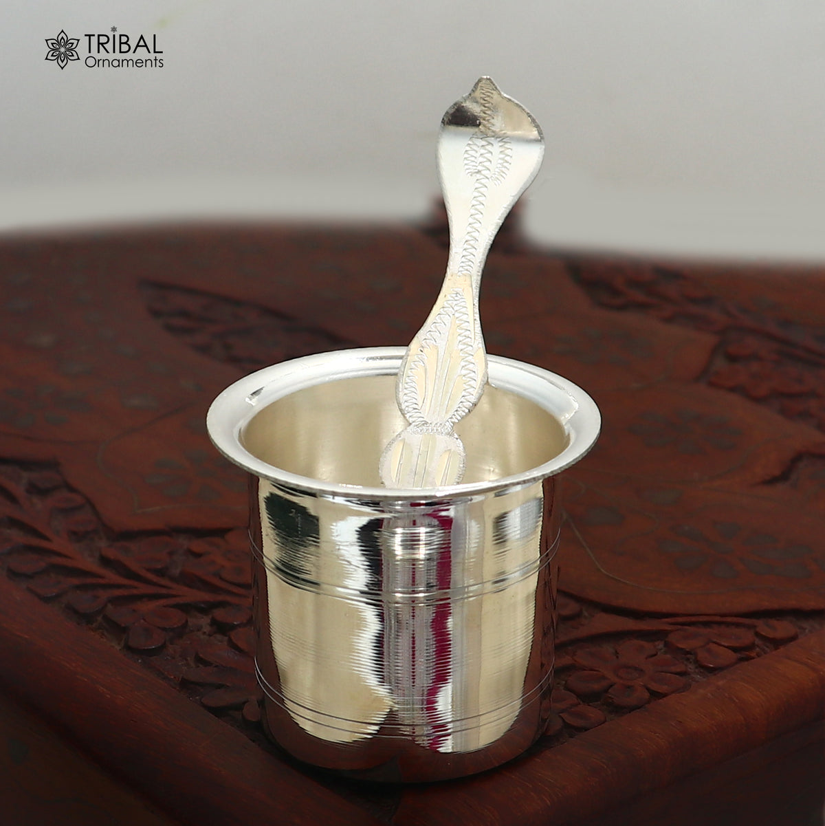Solid sterling silver Ghee pot with a rounded design, traditional butter pot patra for kitchen and puja utensils.