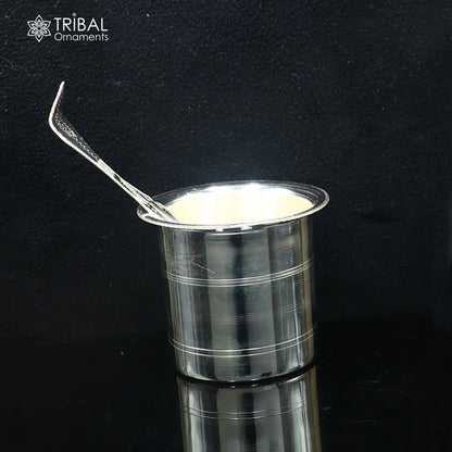 Solid sterling silver Ghee pot with intricate patterns, traditional butter pot for kitchen and puja utensils, tribal design.