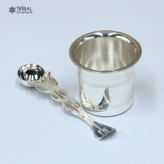Solid sterling silver Ghee pot with ornate design, traditional butter pot patra for kitchen use, part of silver puja utensils collection.