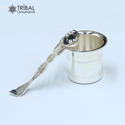 Solid sterling silver Ghee pot with intricate designs, traditional butter pot patra for kitchen and puja use by TRIBAL ORNAMENTS.