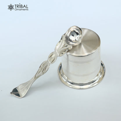 Solid sterling silver Ghee pot with a lid, traditional butter pot patra for kitchen use, from TRIBAL ORNAMENTS.
