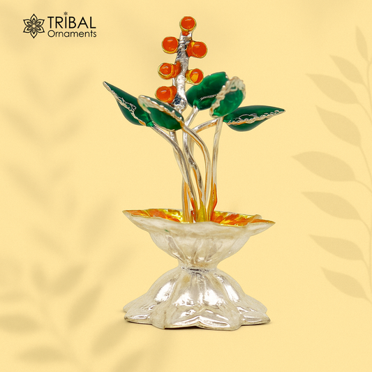 925 sterling silver handmade mini tulsi plant basil rosary plant for puja temple article, excellent customized silver utensils article su157