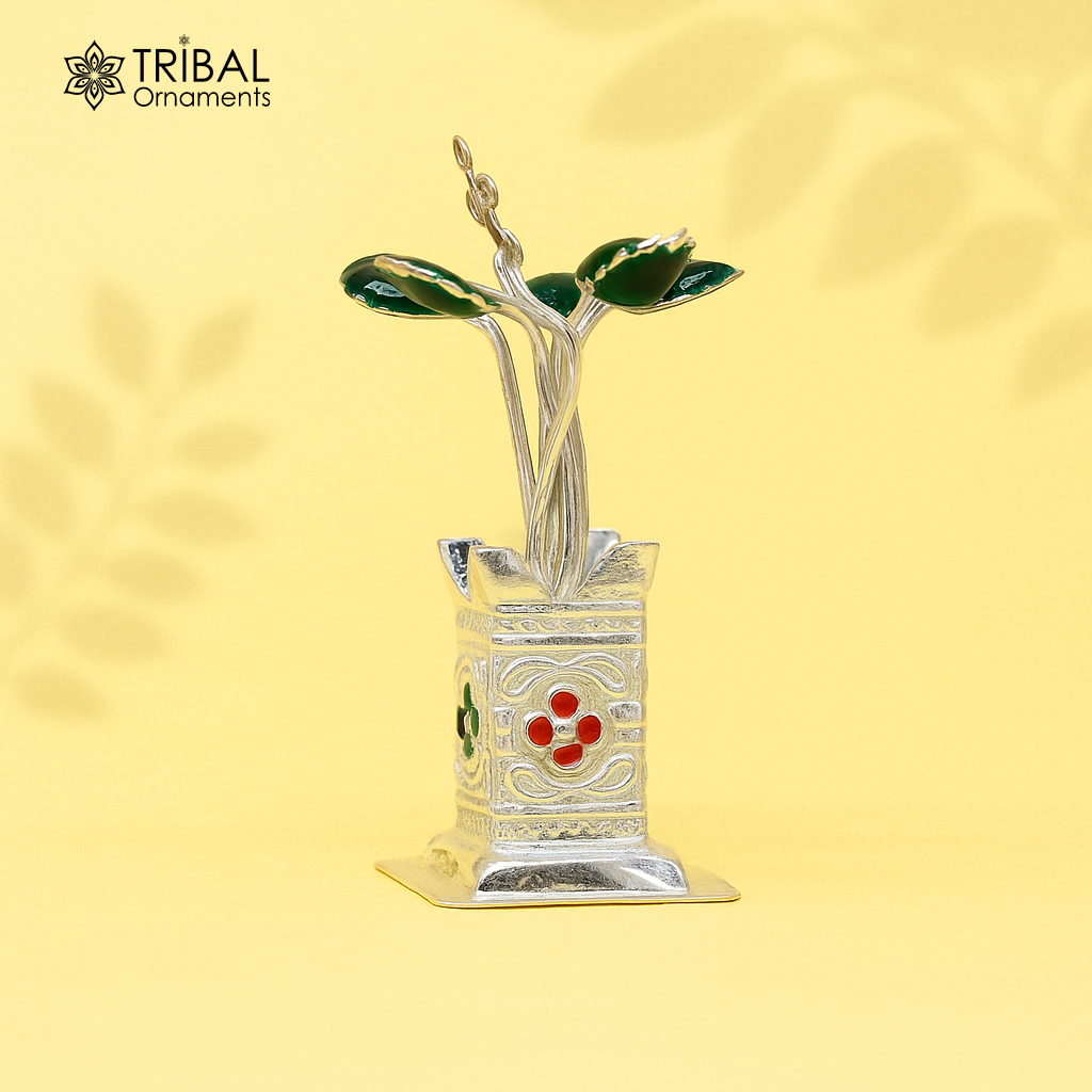 925 sterling silver handmade mini tulsi plant basil rosary plant for puja temple article, excellent customized silver utensils article su18