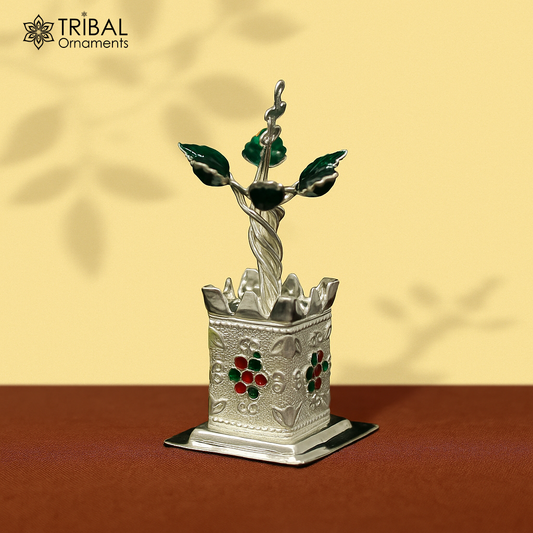 925 sterling silver handmade  mini tulsi plant basil rosary plant for puja temple article, excellent customized silver utensils article su16