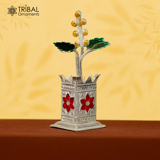 925 sterling silver handmade small tulsi plant basil rosary plant, puja temple article, elegant customized silver utensils article su231