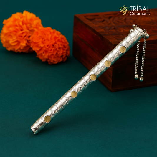 7" long handmade sterling silver stunning divine Lord Krishna flute, Amazing krishna gifting silver accessories, puja utensils su389