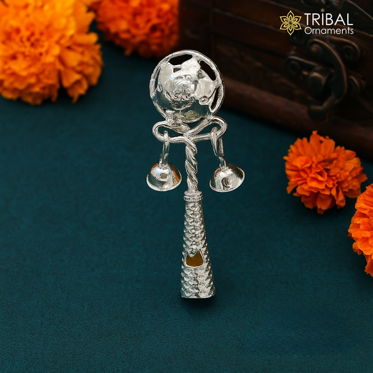 Solid sterling silver handmade design new born baby gifting bells toy, baby krishna gifting toy, silver whistle, silver temple article su407