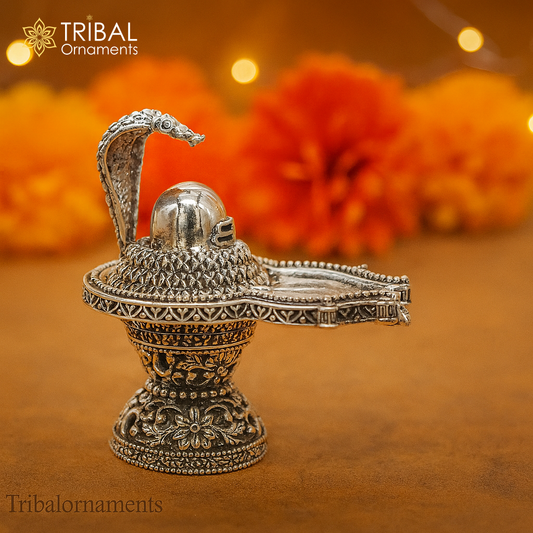 925 fine solid sterling silver lord Shiva lingam Jalheri With Snake, Stunning Divine god Shiva lingam, awesome handmade temple article su482