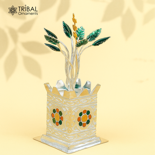 925 sterling silver handmade mini holy Tulsi plant basil rosary plant for puja temple article, excellent silver utensils article su582
