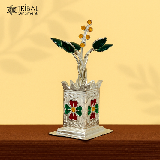 925 sterling silver handmade mini tulsi plant basil rosary plant for puja temple article, excellent customized silver utensils article su616