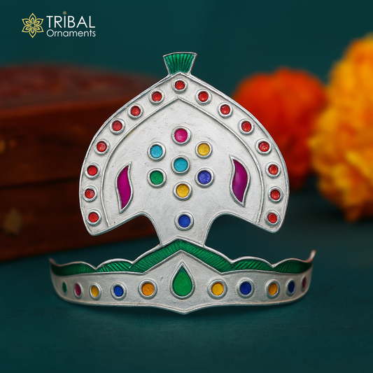 Pure 925 sterling silver vintage antique design mukut (crown), amazing handmade enamel design silver god crown home temple god hat su695
