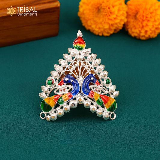 Baby krishna crown or mukut fabulous enamel peacock design 925 silver handmade idol krishna mukut gifting crawling krishna jewelry su721