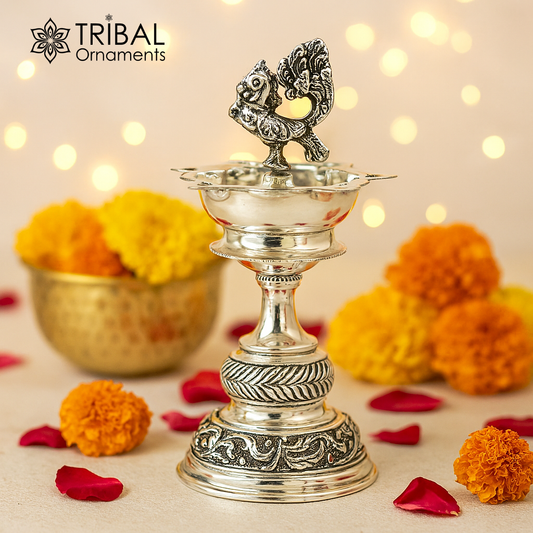 925 sterling silver handcrafted vintage work oil lamp or candle stand, silver Deepak, silver article, puja utensils, silver figurine su91