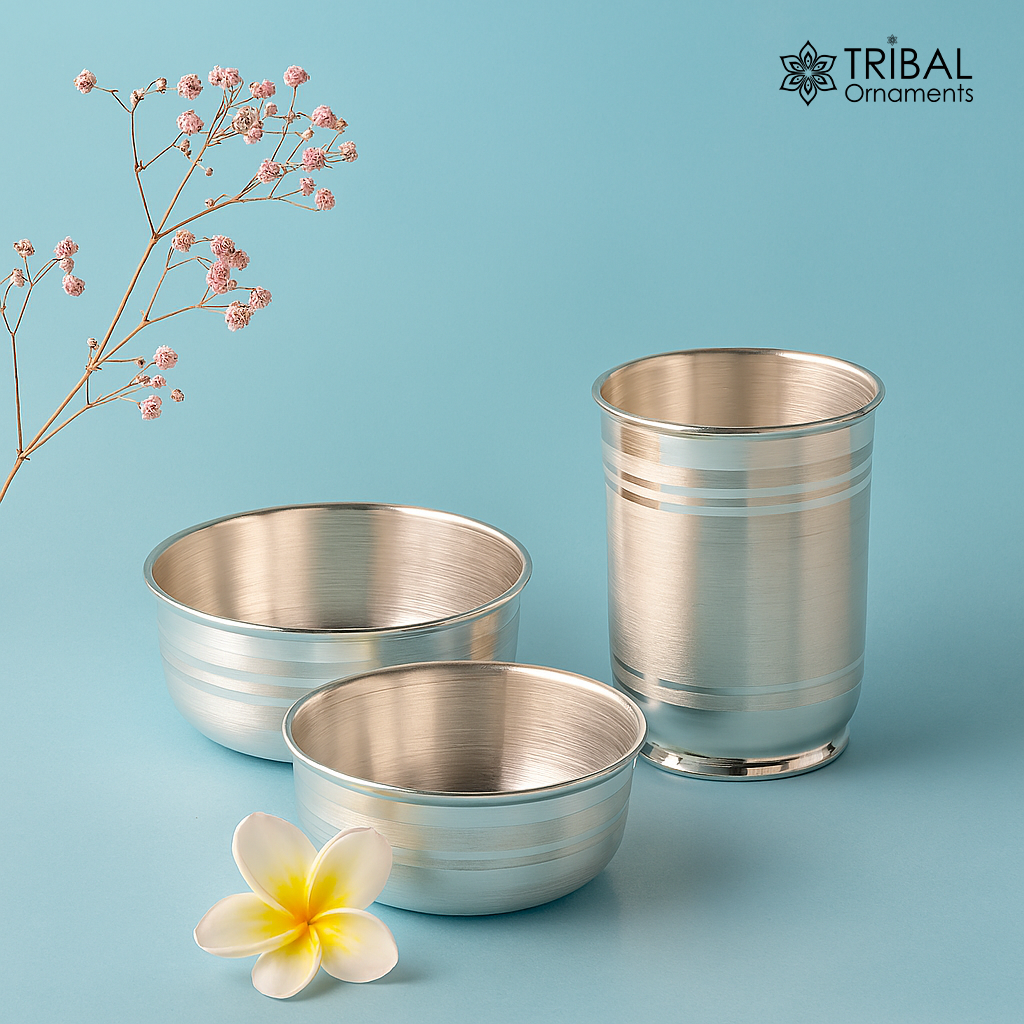 999 pure silver combo of two different design bowl and glass, silver vessel, silver baby utensils, silver puja article, puja utensils sv109