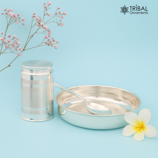 999 fine silver handmade small water/milk Glass tumbler, tray /plate baby kids silver cup & spoon utensils, stay healthy from bacteria sv156