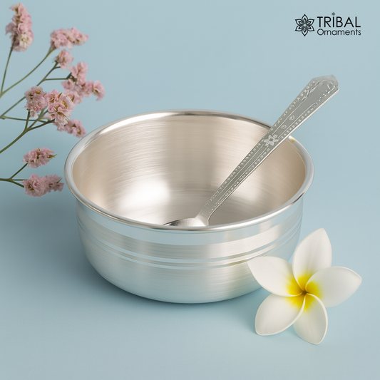999 pure fine silver handmade silver bowl and spoon set, kitchen and dining utensils stay baby/kids healthy, silver puja utensils sv177