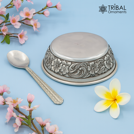 925 sterling silver handcrafted work silver bowl and spoon, silver has antibacterial properties, best gift to baby for rice ceremony sv74