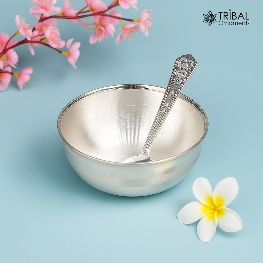 999 pure sterling silver handmade solid silver bowl and spoon, healthy serving bowl, silver vessels, baby serving utensils baby set sv82