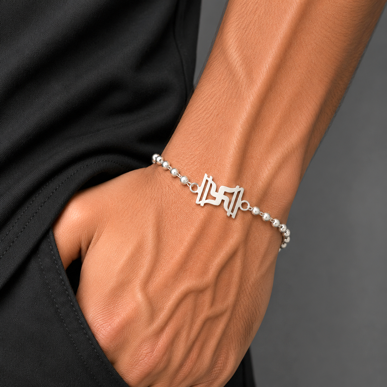 925 sterling silver Swastik design rudraksh/black tulsi and silver beads bracelet rakhi rk411