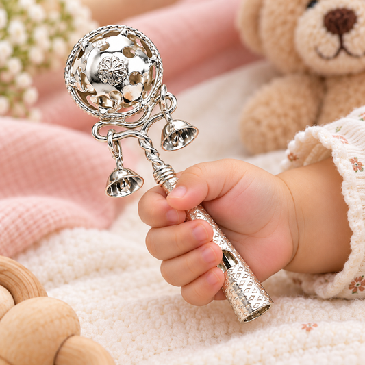 Sterling silver handmade baby Krishna gifting bell toy with intricate design, suitable for newborn gift or temple decoration.