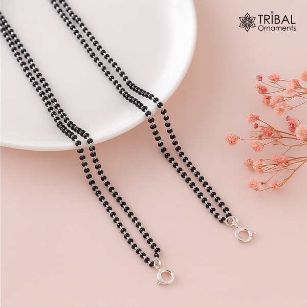Sterling silver 2.2mm black bead two-line chain Mangalsutra necklace with vintage cultural design for Indian brides