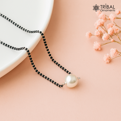 Sterling silver mangalsutra chain with black and pearl beads, vintage stylish design by TRIBAL ORNAMENTS, MS148.