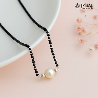 Vintage 925 sterling silver black and pearl beads chain necklace, traditional style brides Mangalsutra with intricate tribal design.
