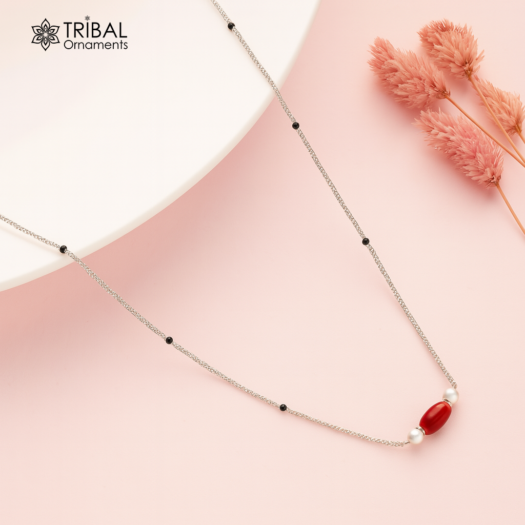 925 sterling silver black beaded chain necklace and vintage antique silver ball style pendant Mangalsutra ms124 - TRIBAL ORNAMENTS
